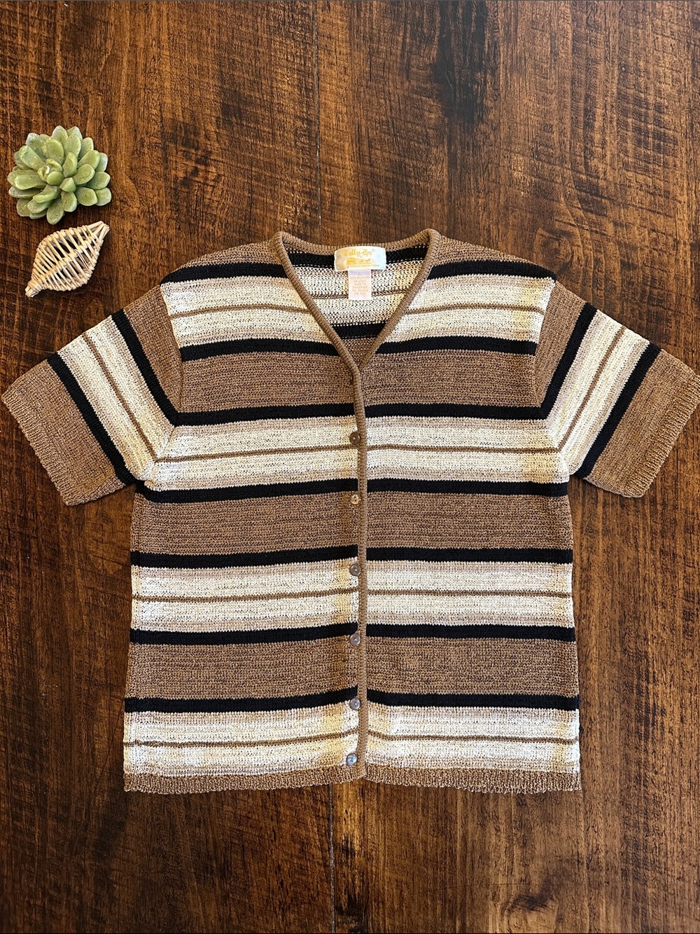 Tally-Ho | Striped Open Knit Cardigan Short Sleeve Brown Tan Cream, Size L